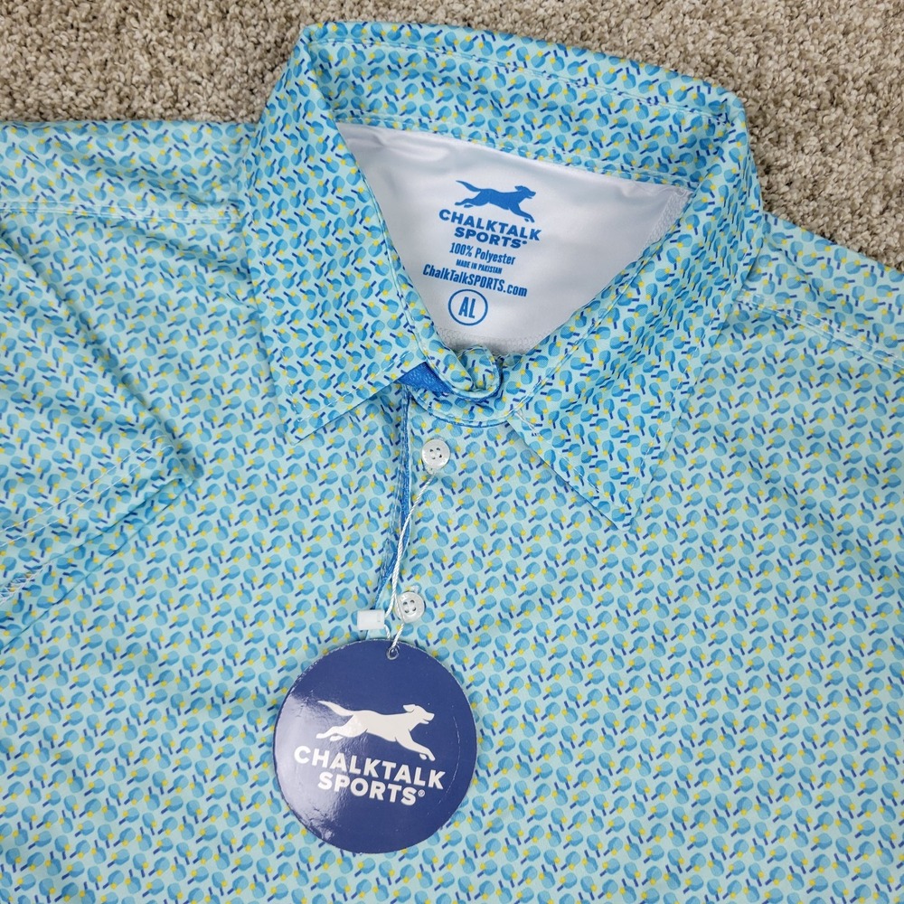 NWT Chalktalk Sports Mens Large Blue AOP Pickleball Racket Performance Polo